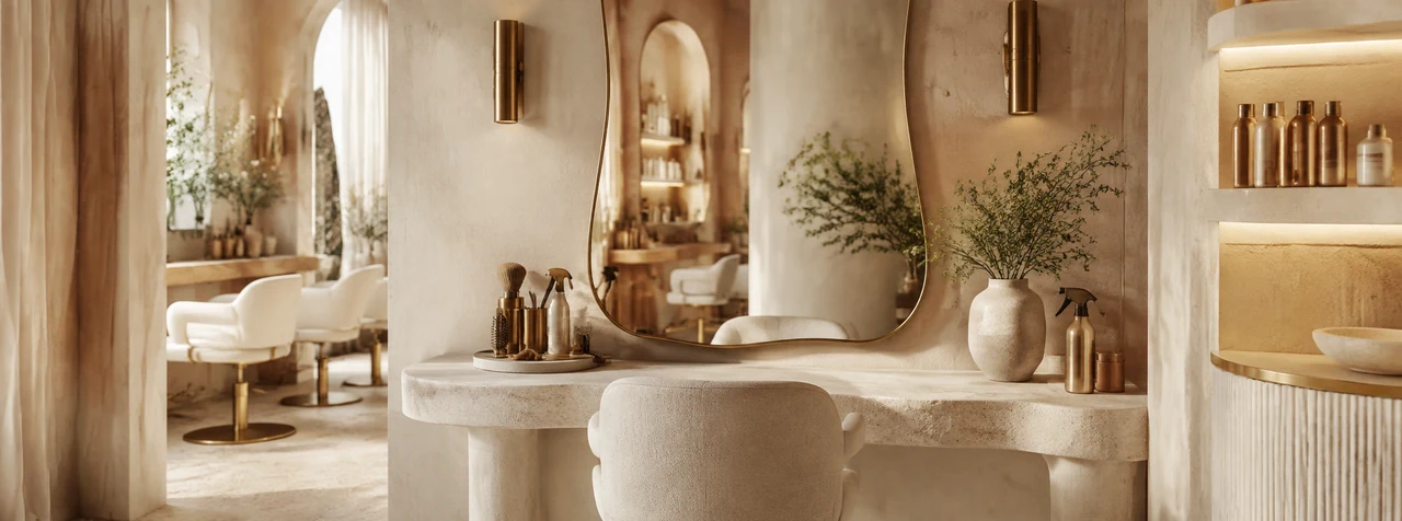 Un salon lumineux aux matières naturelles, avec de grands miroirs et des fauteuils crème. Visuel du prototype Studio Margaux.